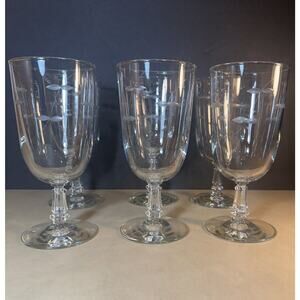 6 - VTG Libbey StemWare Goblet Etched Cut Hand Blown 1950’s Footed Beverage A25